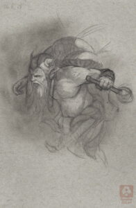 Konzeptskizze eines Druiden mit großen Pilzen auf den Rücken. Concept sketch of a druid with large mushrooms on his back.