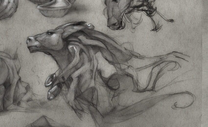 Bleistiftskizze eines fantastischen Pferdes im Profil, nach links gewandt, in monochromen Tönen auf strukturiertem Papier dargestellt. Das Pferd hat eine lange, komplexe, fließende Mähne, die aus mehreren welligen, bandartigen Strähnen besteht, die dynamisch über seinen Hals und Körper fallen und mit mehreren tropfenförmigen dekorativen Anhängern verziert sind.