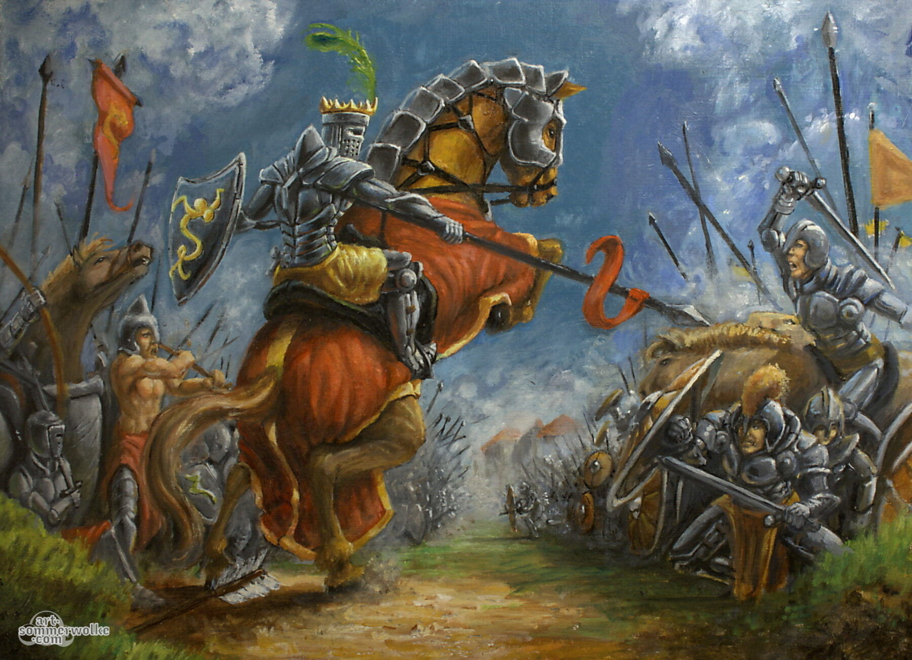 Gemälde einer mittelalterlichen Fantasy Schlacht. In der Mitte ist ein Ritter auf einem sich aufbäumenden Ross. Painting of a medival fantasy battle. In its center is a Knight on a horse.