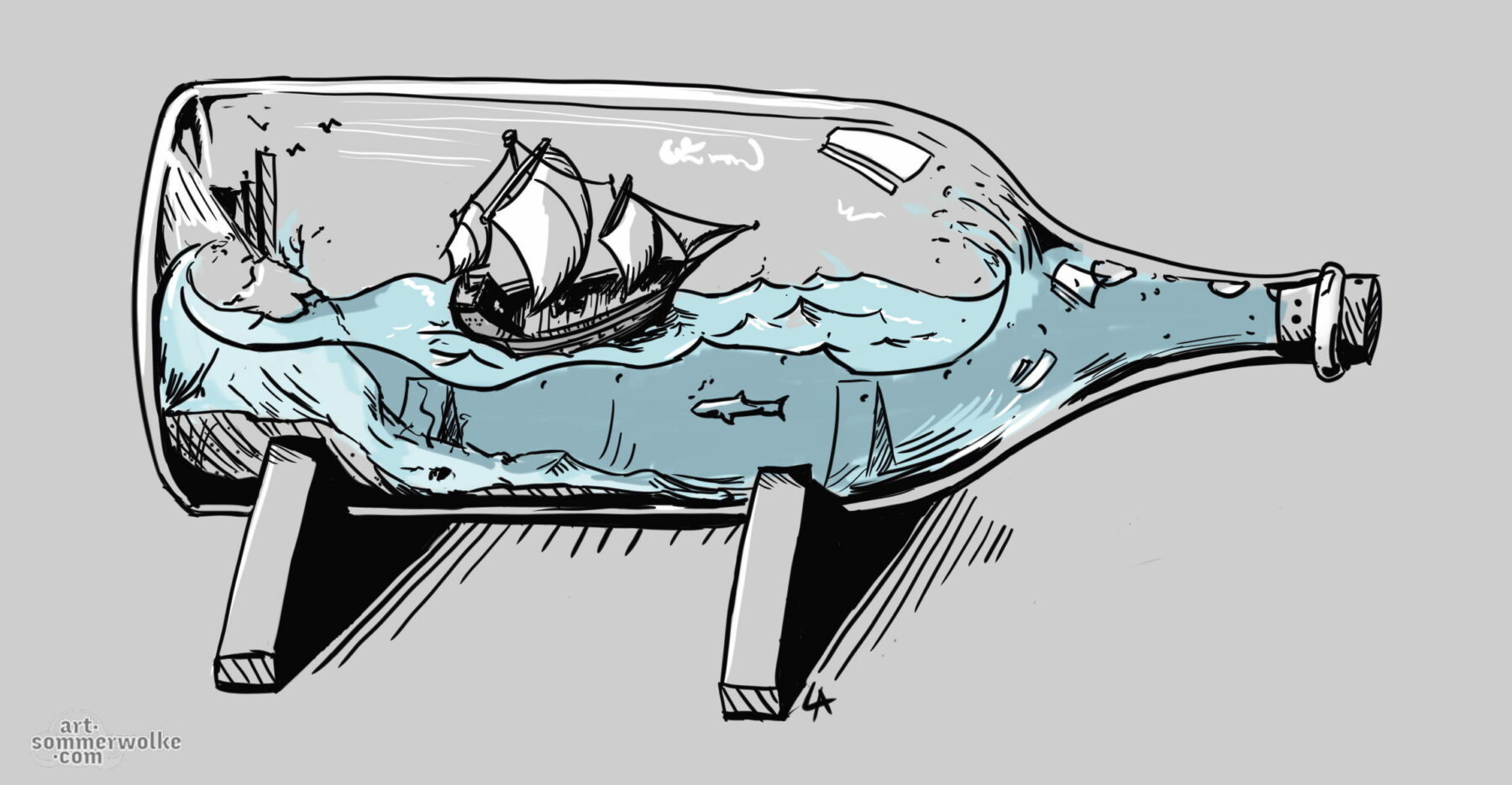 Digitale Illustration eines Flasche mit einem kleinen schwimmenden Schiff darin. Digital illustration of a bottle with a small floating ship inside.