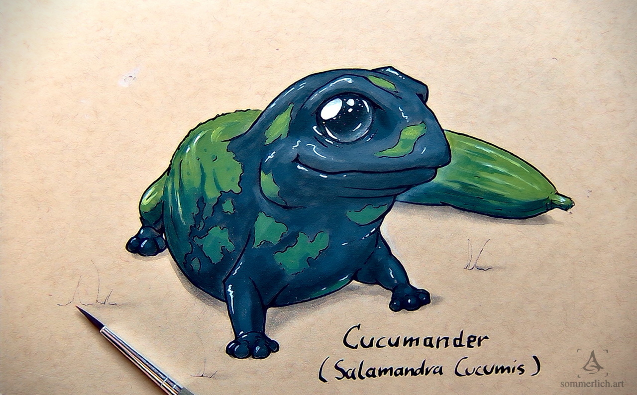 Illustration eines Mischwesens aus Salamander und Gurke mit großen Augen. Illustration of mixed creature from salamander and cucumber with big eyes.