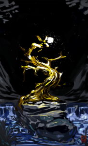Grobe digitales Gemälde des Goldbaums zur Festlegung der Farben und des Lichts.