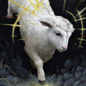 Detailbild eines Ölgemäldes mit dem Portrait eines springenden Lamms