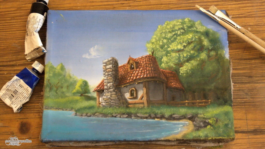 Ölgemälde eines kleinen Hauses an einem See mit Wäldchen im Hintergrund. Oil painting of a small house by a lake with a small forest in the background.