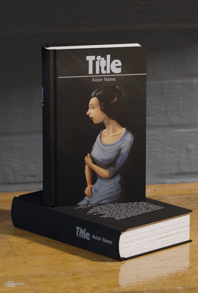 3D Book Cover render form Blender showing a lady in a blue dress with generic title.