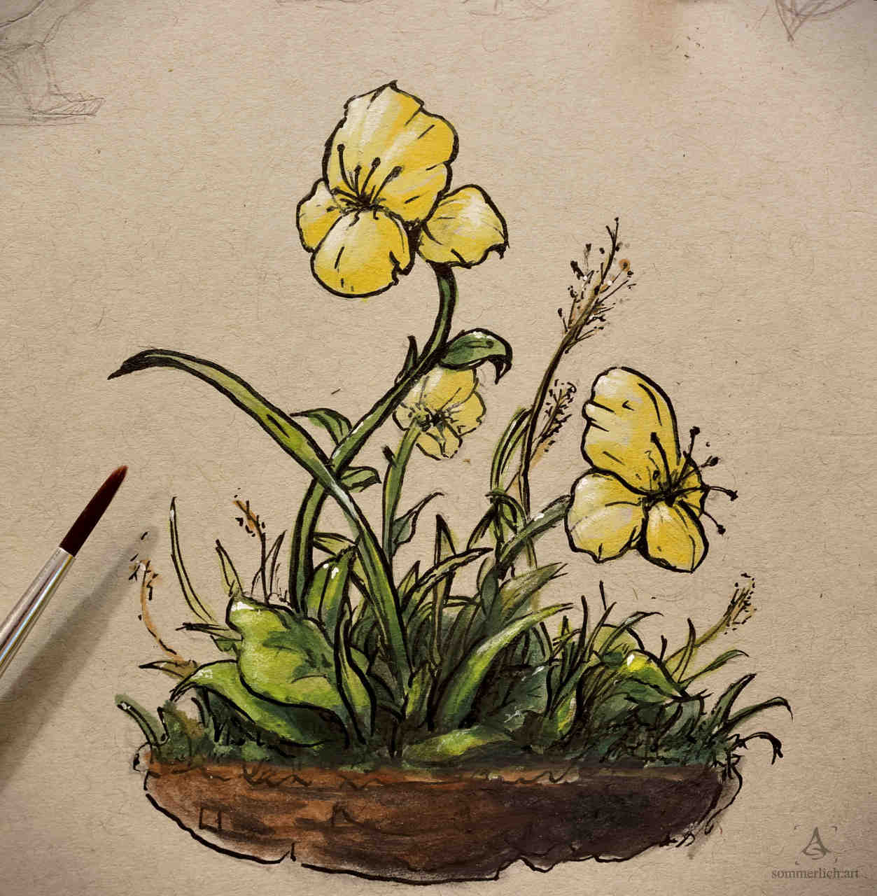 Illustration von drei gelben Blümchen mit Gras auf einer kleiner schwebenden Insel. Illustration of three yellow flowers with grass on a small floating island.