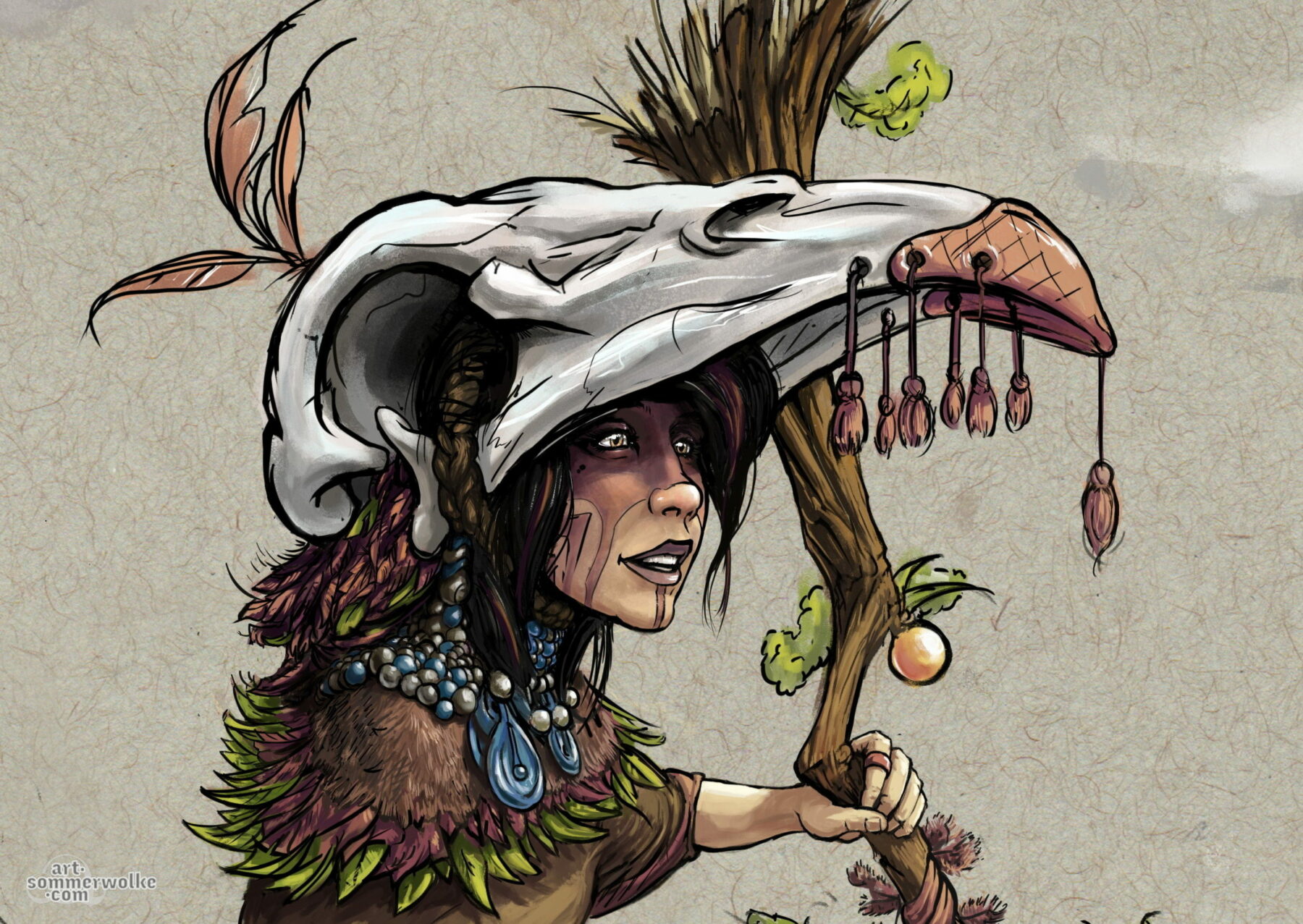 Digitales Portrait einer Schamanin mit einem großen Vogelschädel als Hut. Digital portrait of a shaman with a big bird skull as a hat.