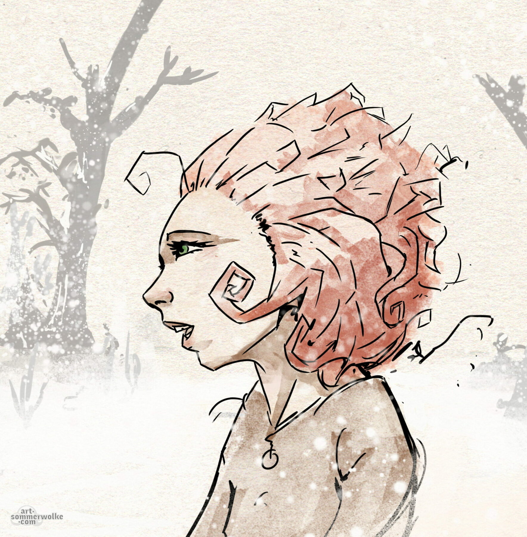 Digital illustration of a young woman with red curly hair in a snowstorm.