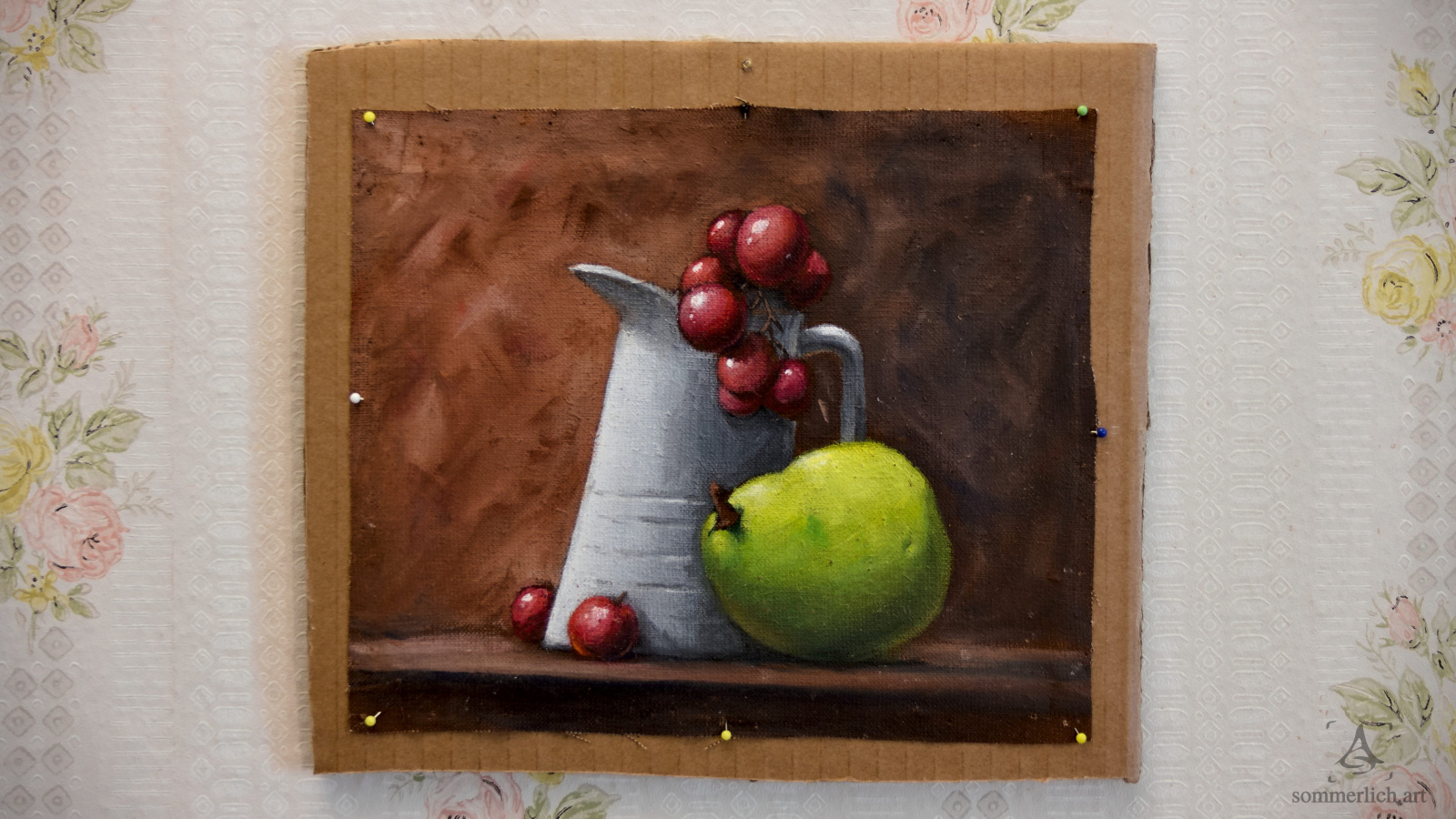Ölgemälde Stilleben mit einer weißen Kanne, Trauben und einer Birne. Oil-Painting of a Still-Life with a white Can, Grapes and a pear.