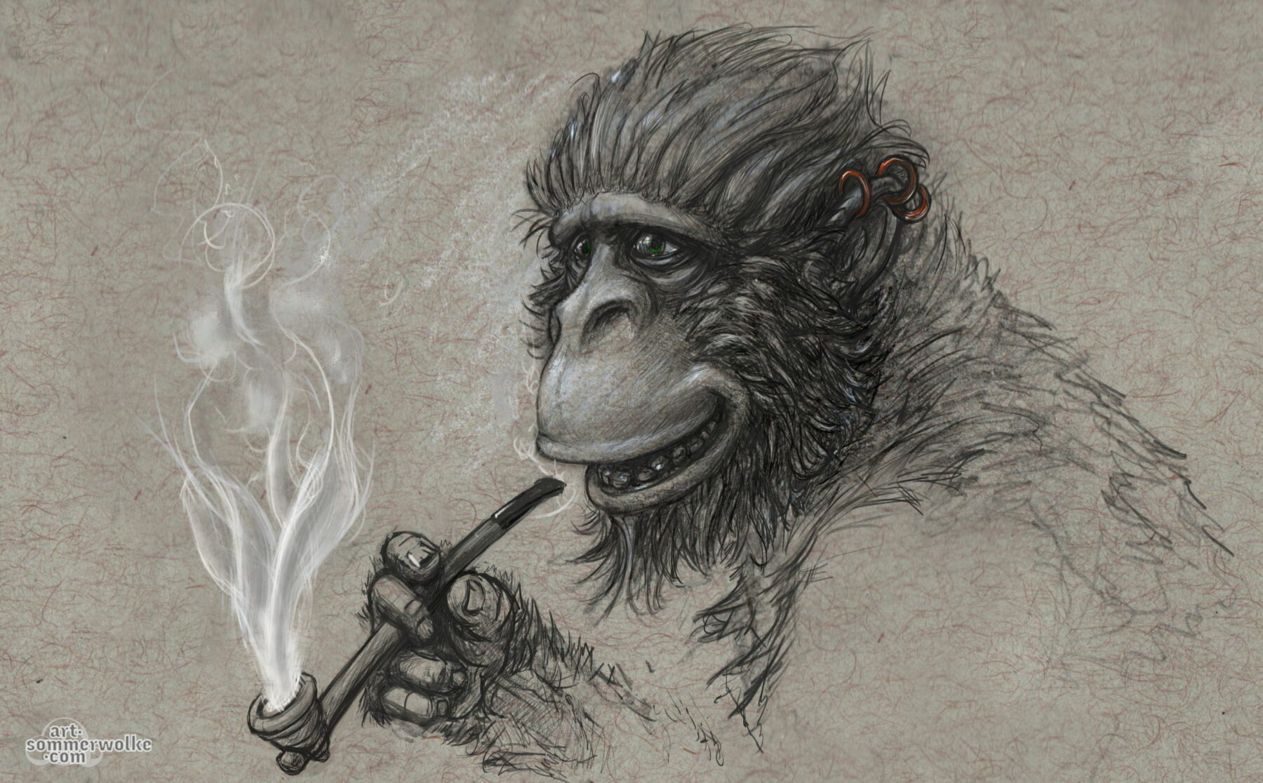 Digitale Portraitzeichnung eines Schimpansen welcher eine Pfeife raucht. Digital portrait-drawing of a chimpanzee, which is smoking a pipe.