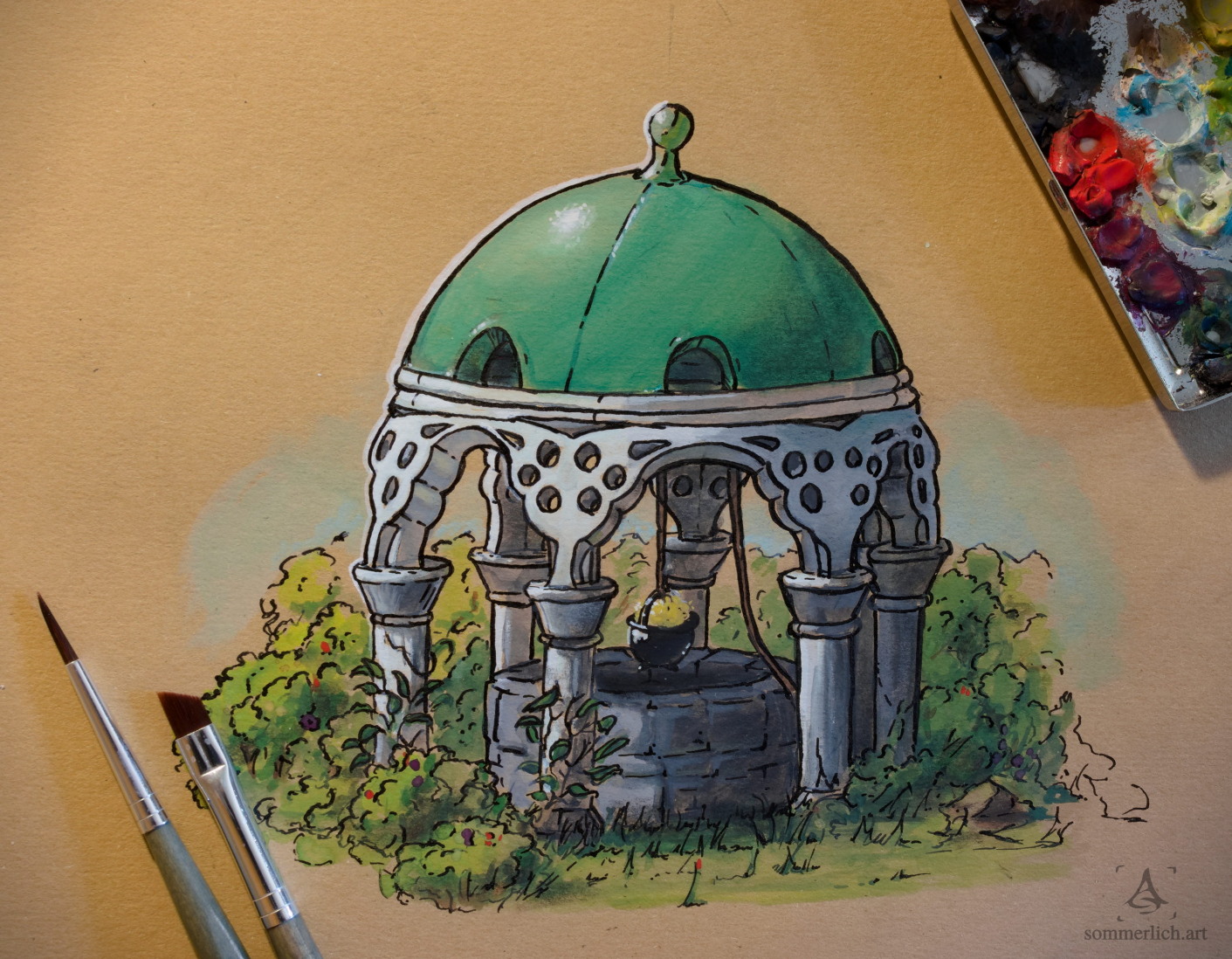 Handgefertigte Illustration eines Brunnens unter einem Pavilion mit grünem Dach. A handmade illustration of a well which is covered by a pavilion with green roof.