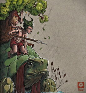 Illustration einen jungen Mannes mit freiem Oberkörper der auf einer Schildkröte reitet. Illustration of a young bare-chested man riding a turtle.