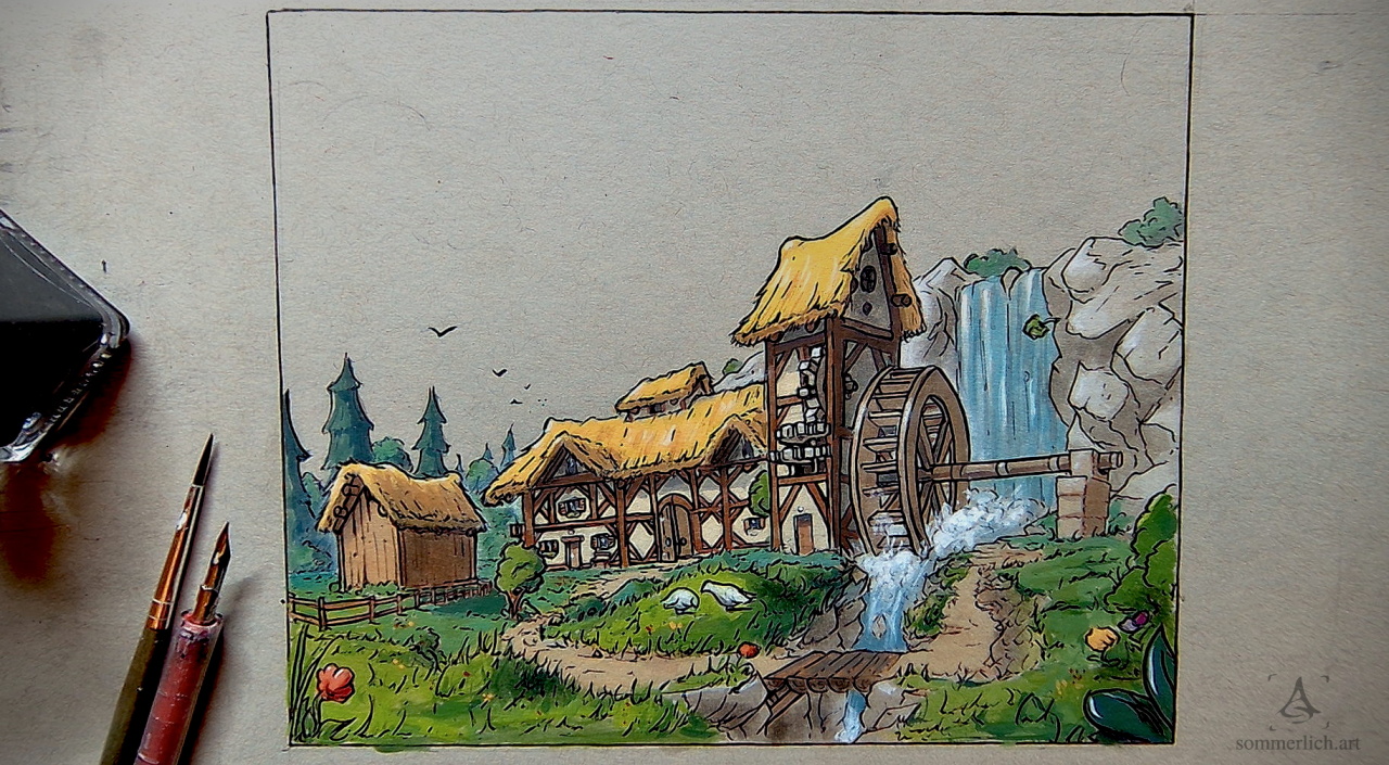 Gouache- und Tintenillustration einer Mühle an einem Wasserfall mit Strohdach und Wiese im Vordergrund. Gouache and ink illustration of a mill by a waterfall with thatched roof and meadow in the foreground.