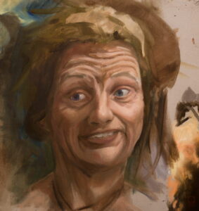 Ölportrait eines Mannes mit fröhlich aber gezungen aussehendem Lächeln.