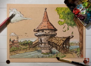 Illustration eines mittelalterliches Turms der in einem Fluss steht. Er ist teil einer Holzbrücke die beide Ufer verbindet. Illustration of a medieval tower standing in a river. It is part of a wooden bridge that connects both banks.