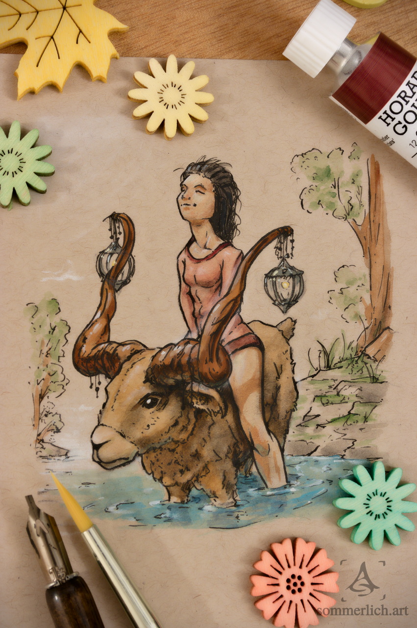 Tinten- und Gouache-Illustration eines Mädchens das auf einer Ziege in einen Fluss reitet. Das Mädchen genießt das kühle Wasser an ihren Füßen. Ink and gouache illustration of a girl riding a goat into a river. The girl enjoys the cool water at her feet.