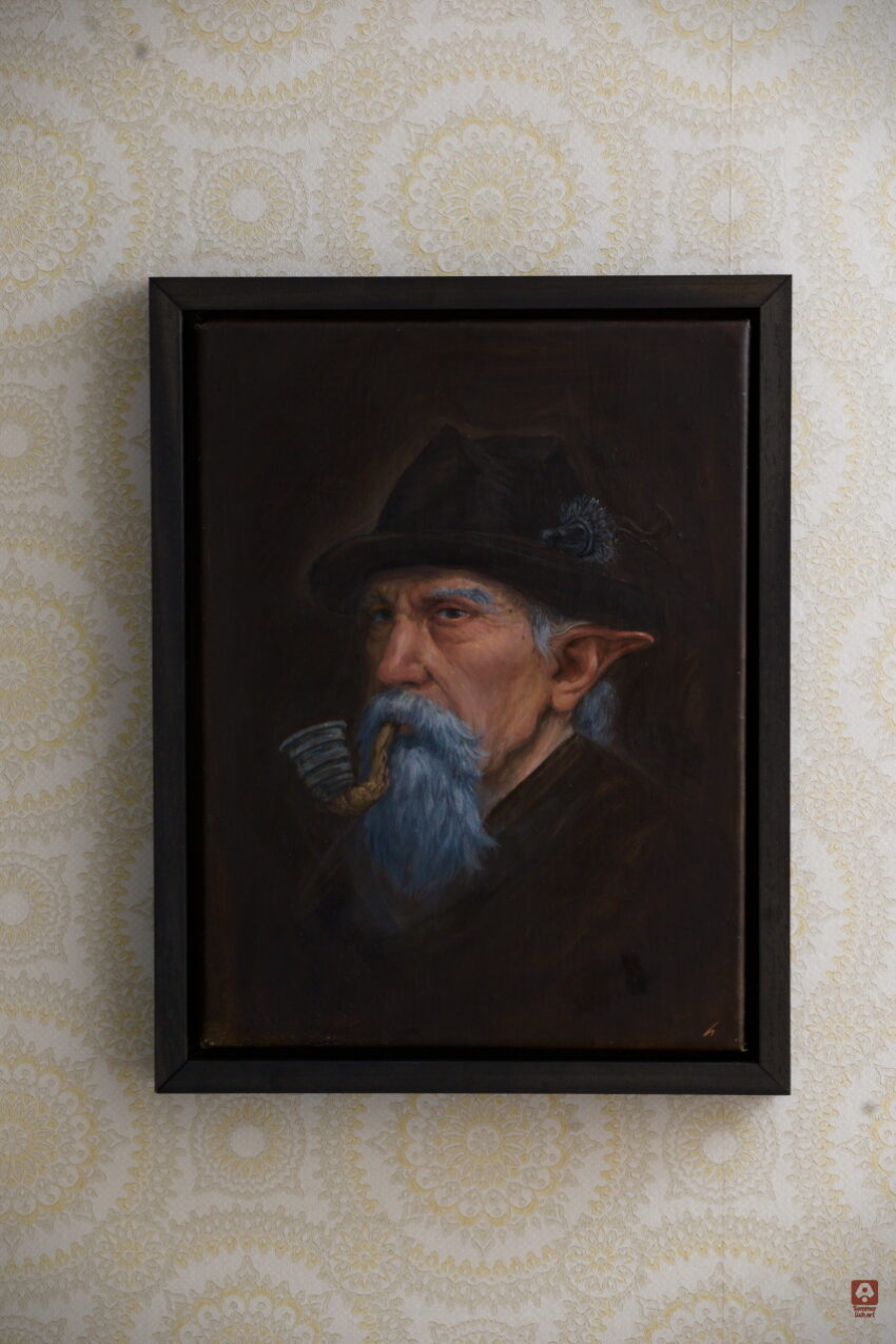 Ölportrait eines alten Mannes mit Pfeife und spitzen Ohren. Das Bild ist angelehnt an Portraits des 19ten Jahrhunderts.